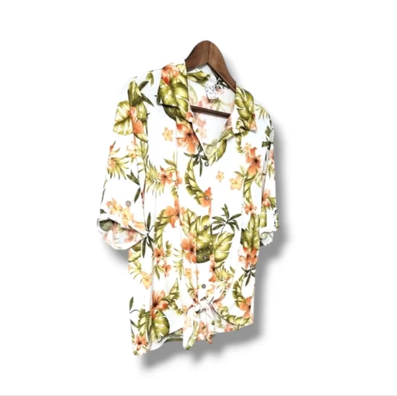 NAIF Tropical Floral Print Roll-Tab Tie Front Casual Top - Picture 3 of 8